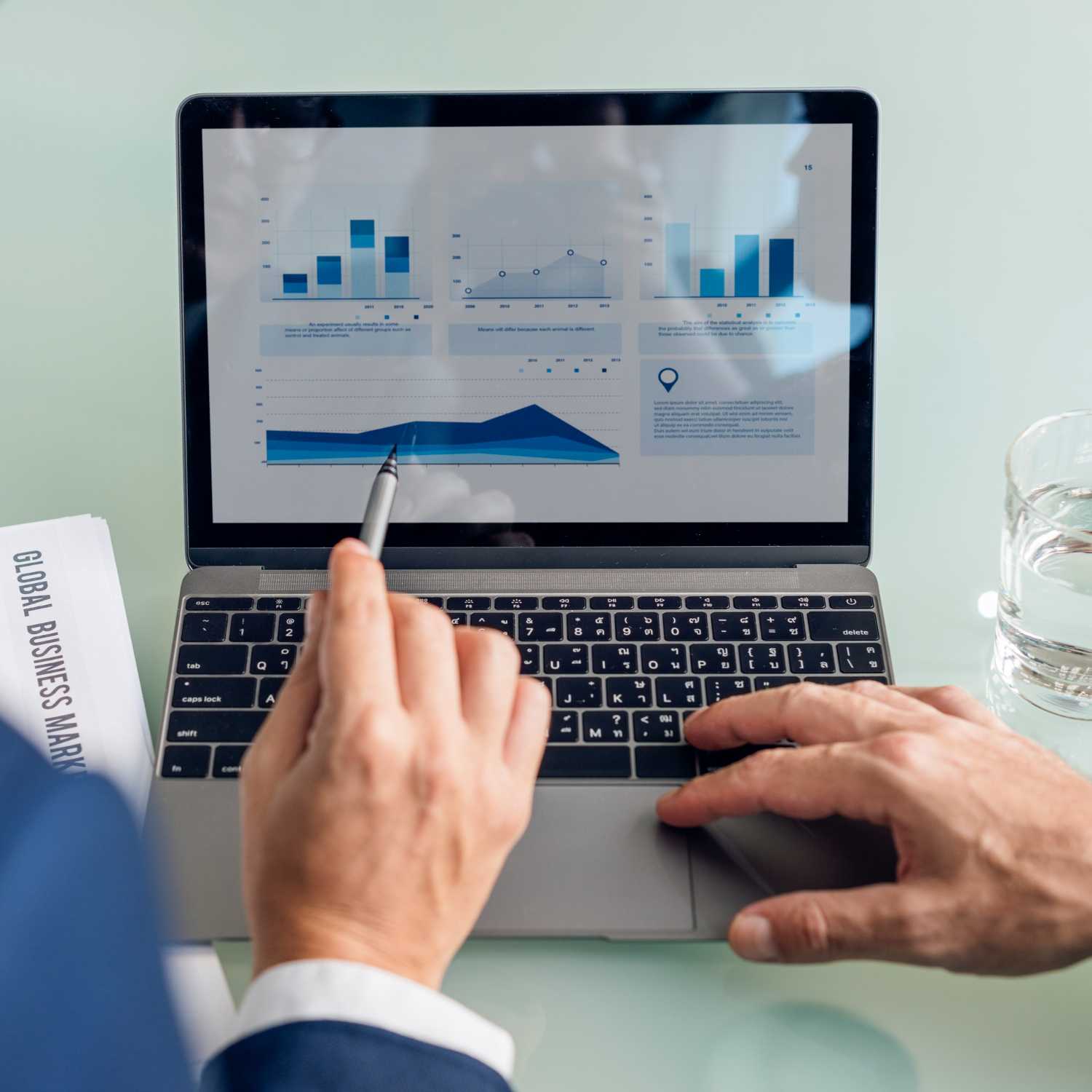 Business professional analyzing credit cooperative software dashboard