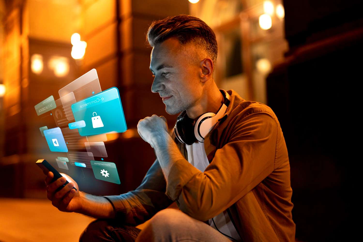 Man using mobile with virtual interface for credit cooperative software