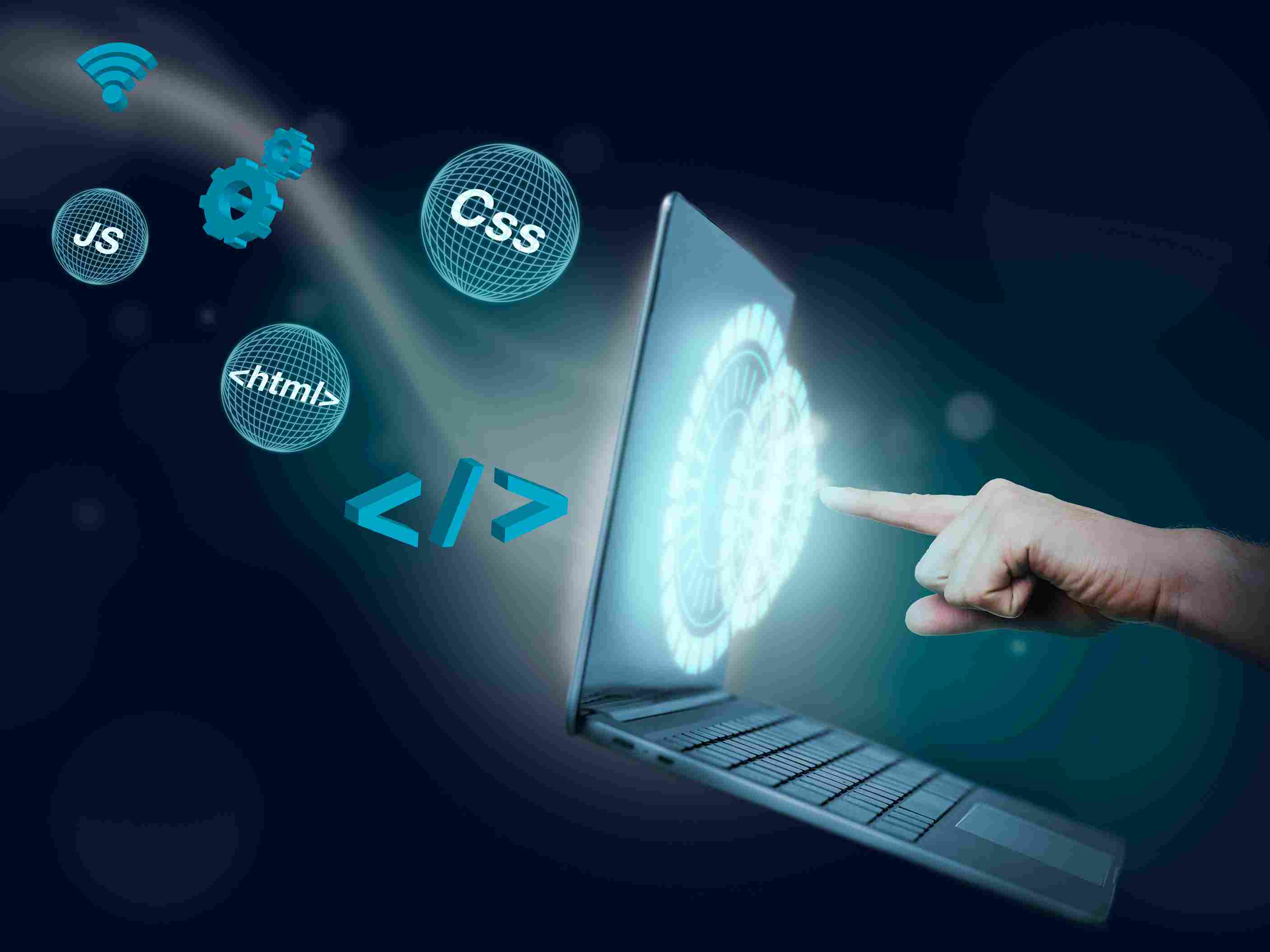 custom fintech software development with coding icons like HTML, CSS, JS emerging from a laptop interface